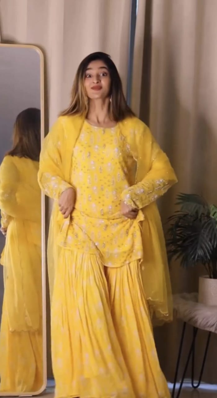 Printed Embroidered Sunny Yellow Sharara Suit